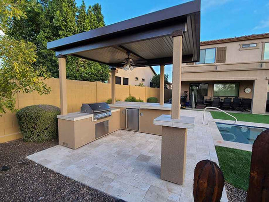 KoKoMo Outdoor Kitchen BBQ Island with 12' x 12' Pergola – Built-In 4-Burner Grill, Refrigerator, and Lighting